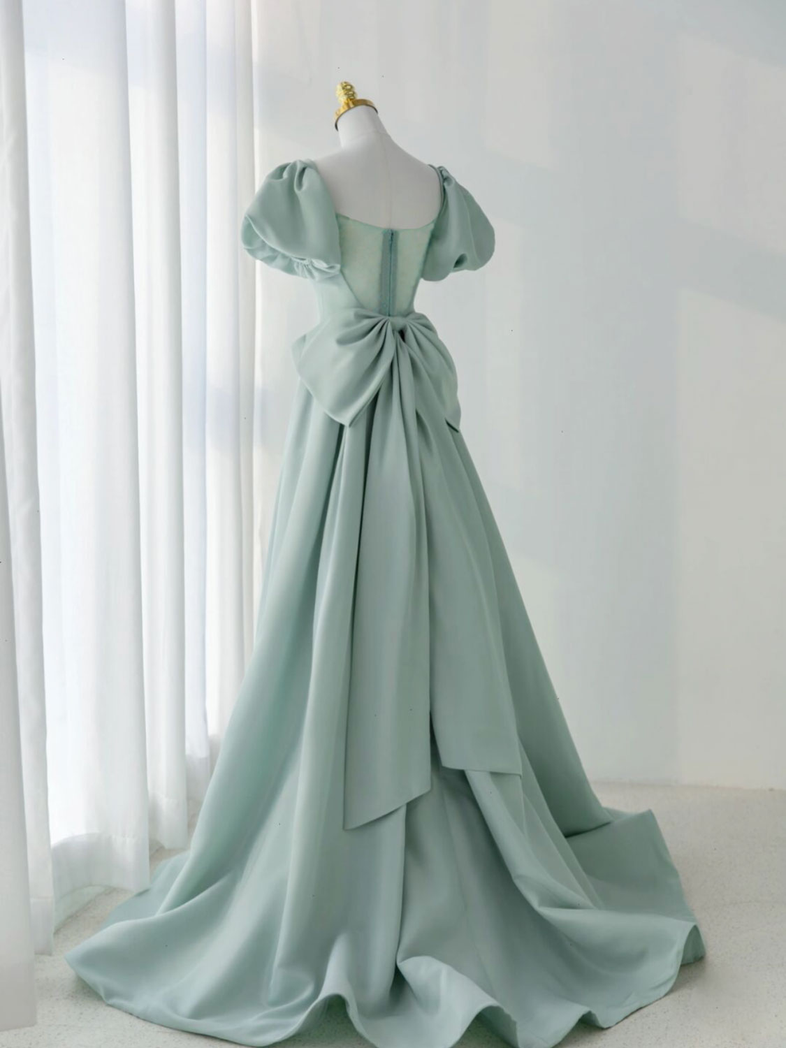 A-Line Green Satin Long Prom Dresses