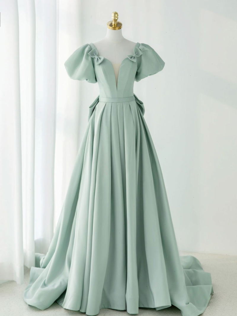 A-Line Green Satin Long Prom Dresses, Green Formal Evening Dresses