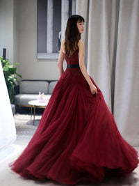 Burgundy V neck  tulle long prom dress, burgundy tulle formal evening dress
