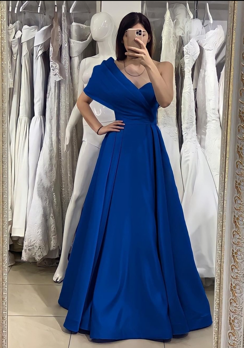 Aline Satin Blue Long Prom Dresses, Blue Formal Evening Dress
