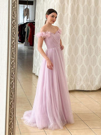 Pink A line long prom dress pink tulle long formal party dress