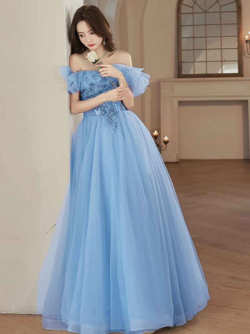 Blue A-Line Off Shoulder Tulle Long Prom Dress