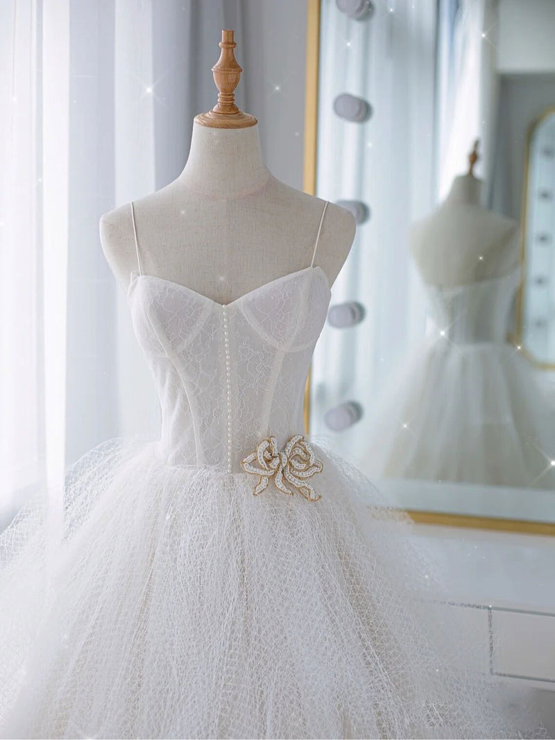 White sweetheart neck tulle lace long wedding dress, lace long bridal gown
