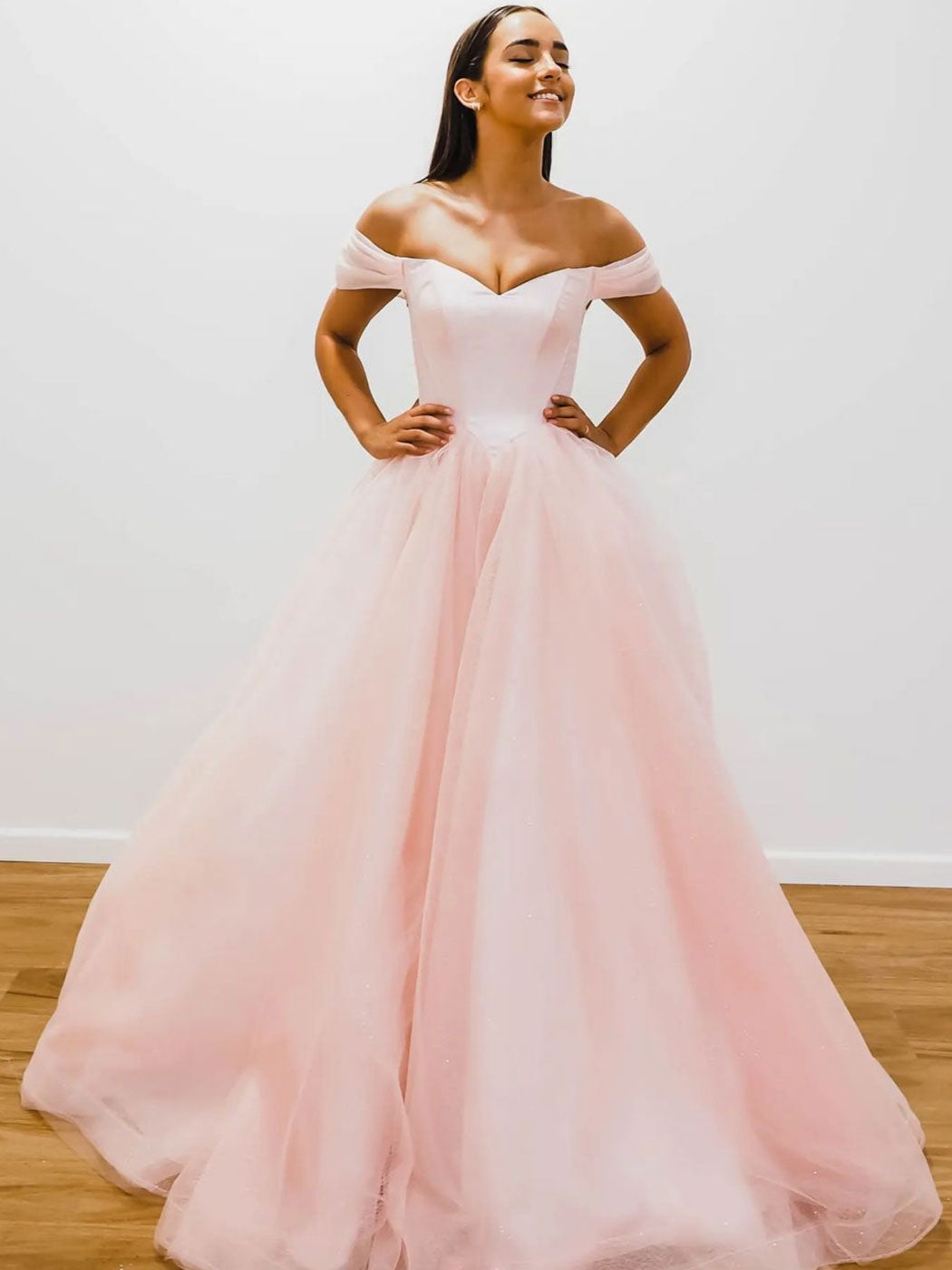 Light pink off the shoulder store prom dress