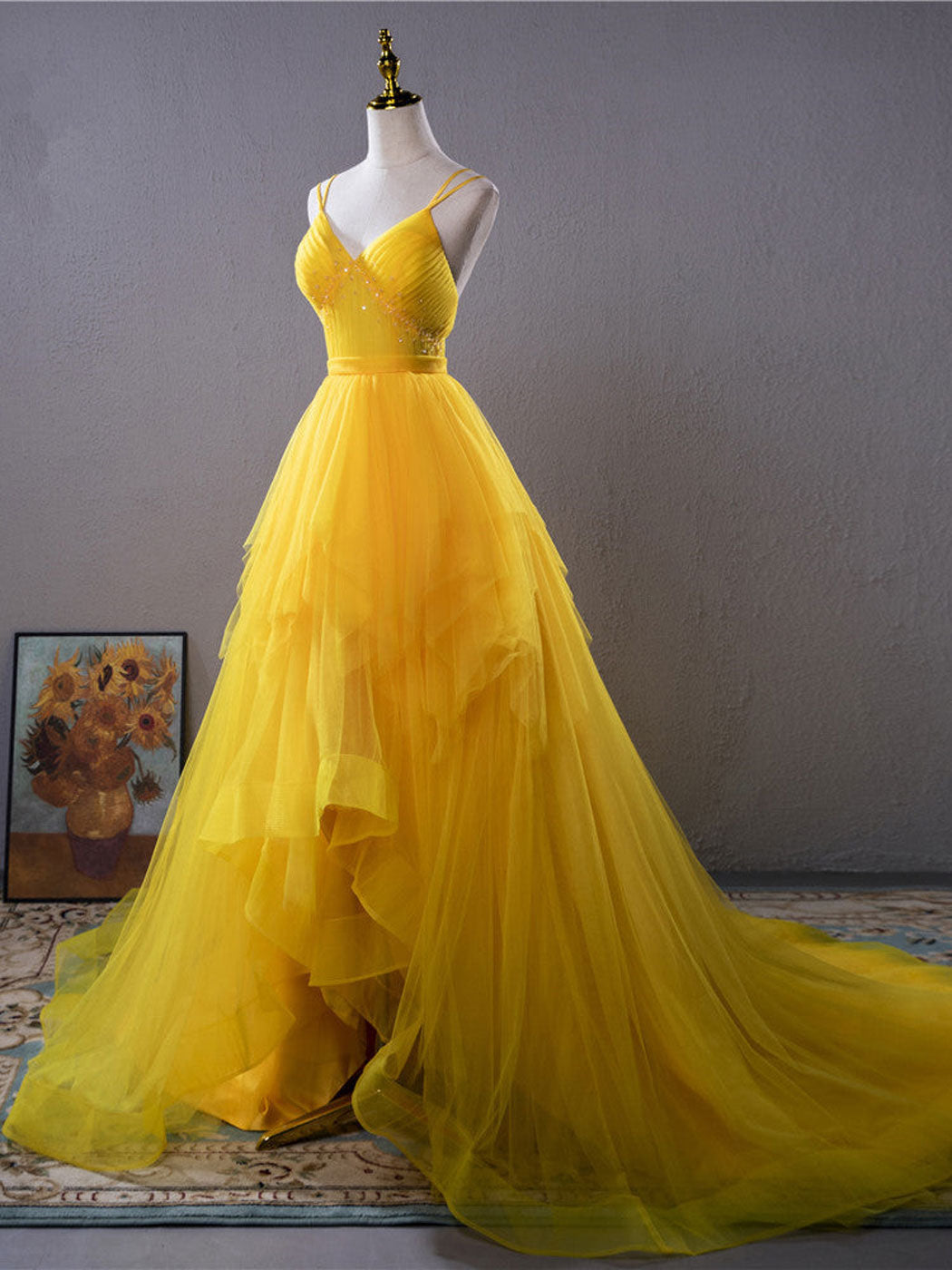 Yellow v neck tulle long prom dress high low long yellow graduation dr toptby Yellow v neck tulle long prom dress high low long yellow graduation dr toptby