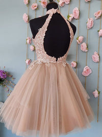 Champagne tulle lace short prom dress champagne homecoming dress