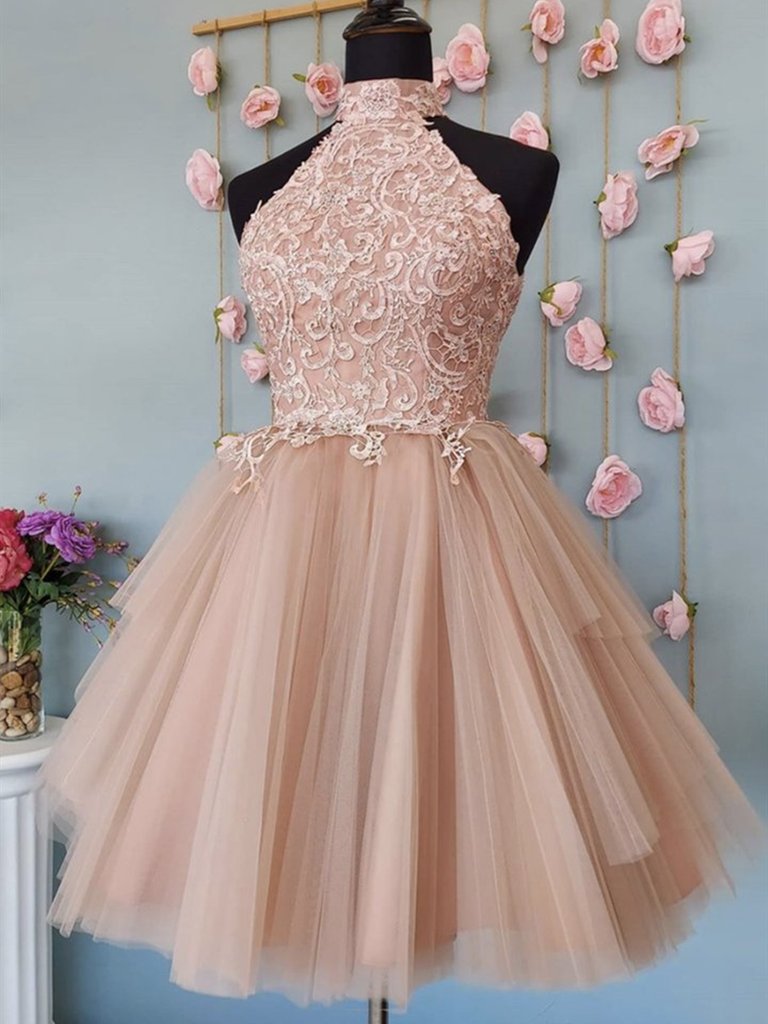 Champagne Pink Homecoming Dress Halter Neck Open Back Champagne Lace Short Prom Dresses, Champagne Lace Formal Champagne Pink Homecoming Dress Halter Neck Open Back Champagne Lace Short Prom Dresses, Champagne Lace Formal
