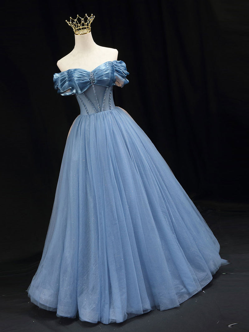 Blue off shoulder tulle long prom dress, blue tulle formal dress