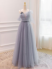 Gray A-Line Tulle Long Prom Dresses, Gray Formal Evening Dresses