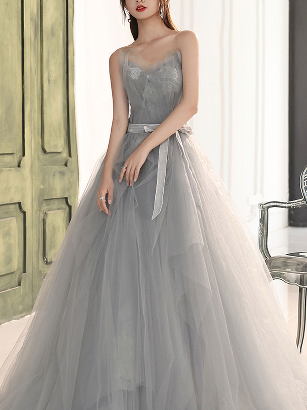 Gray A line tulle lace long prom dress gray formal dress