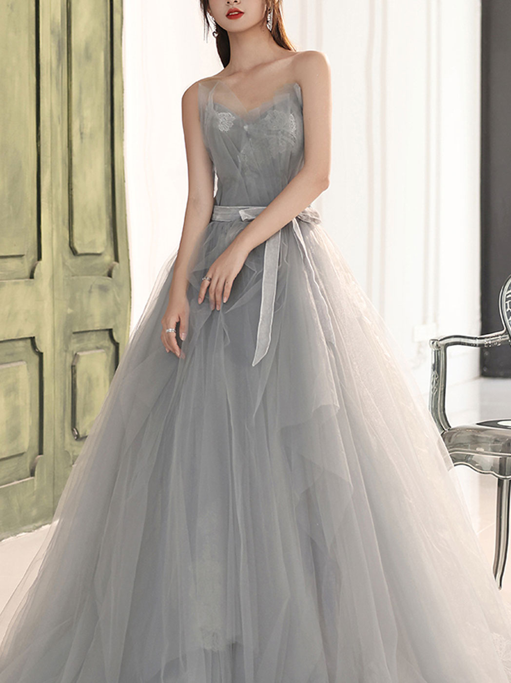 Gray A line tulle lace long prom dress gray formal dress – toptby