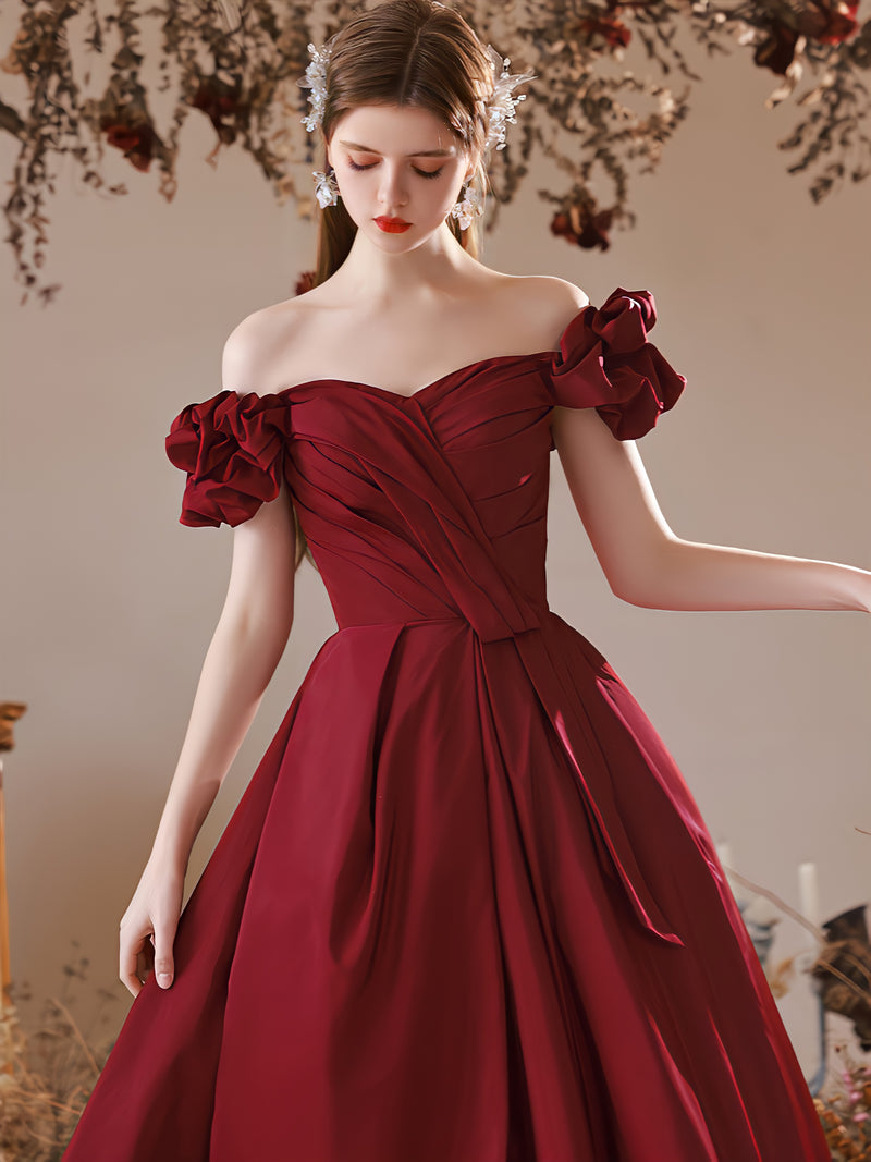Burgundy Off Shoulder Satin Long Prom Dresses, Burgundy Formal Evening Dress