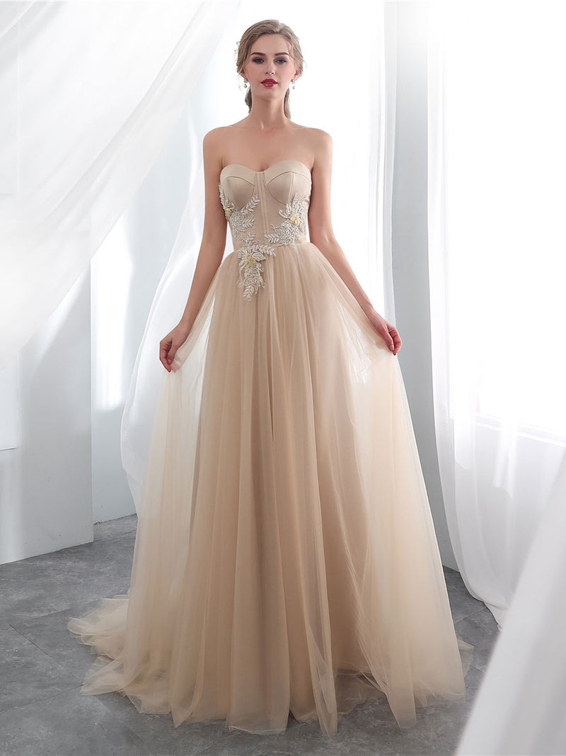A line sweetheart neck tulle long prom dress champagne tulle formal dress