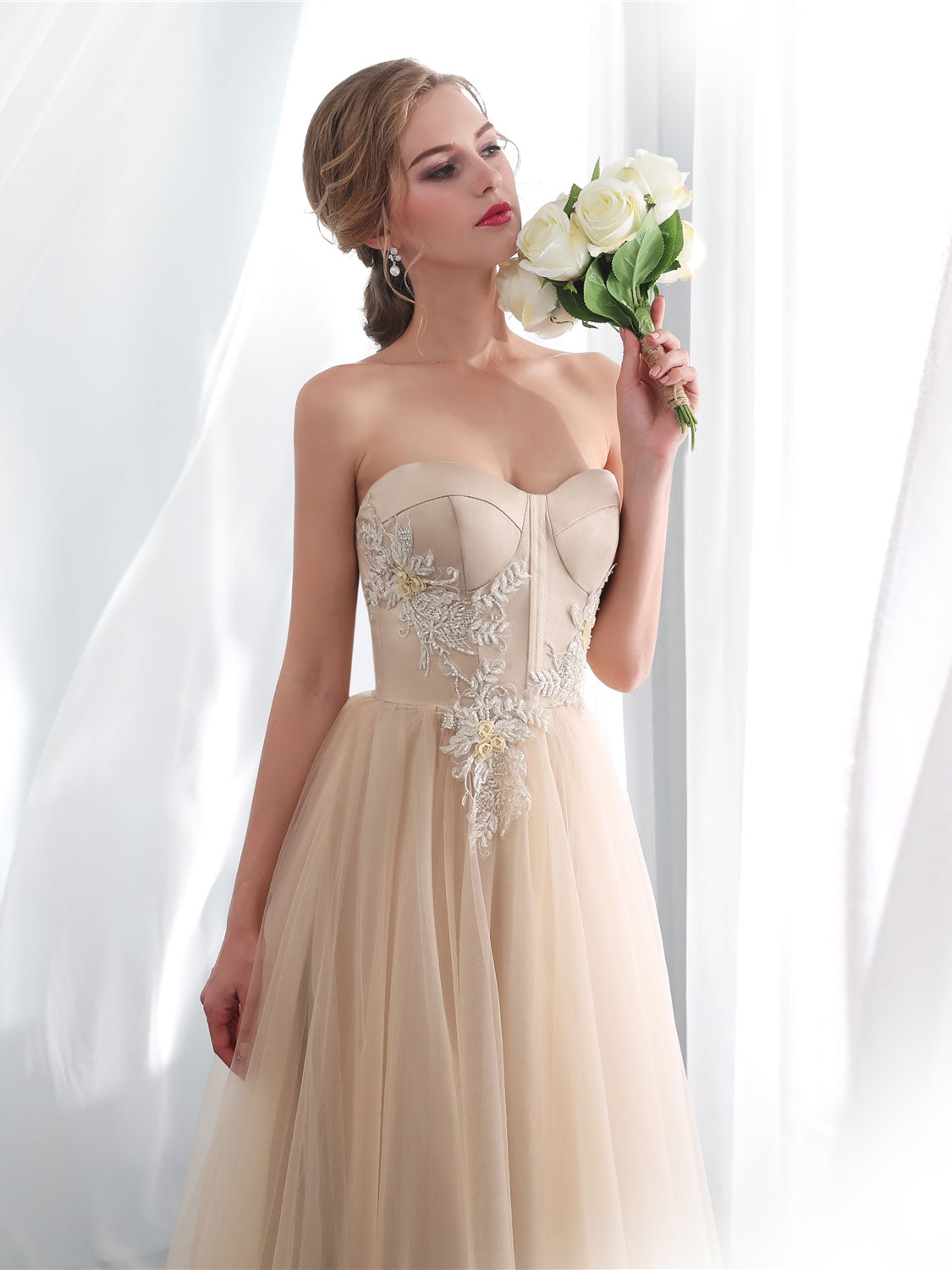 A line sweetheart neck tulle long prom dress champagne tulle formal dress