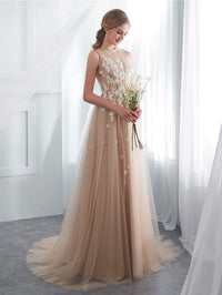Champagne A line tulle lace long prom dress lace formal bridesmaid dress