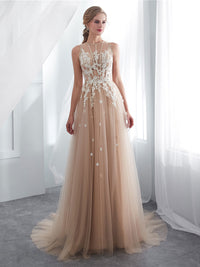 Champagne A line tulle lace long prom dress lace formal bridesmaid dress