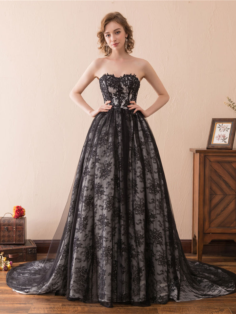 Black A line tulle lace long prom dress, black lace evening dress