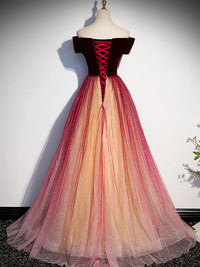 Burgundy off shoulder tulle long prom dress burgundy formal dress