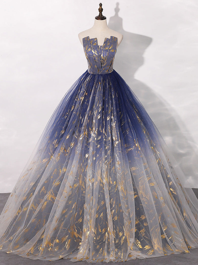 A-Line Tulle Blue Long Prom Dress, Blue Tulle Long Evening A-Line Tulle Blue Long Prom Dress, Blue Tulle Long Evening