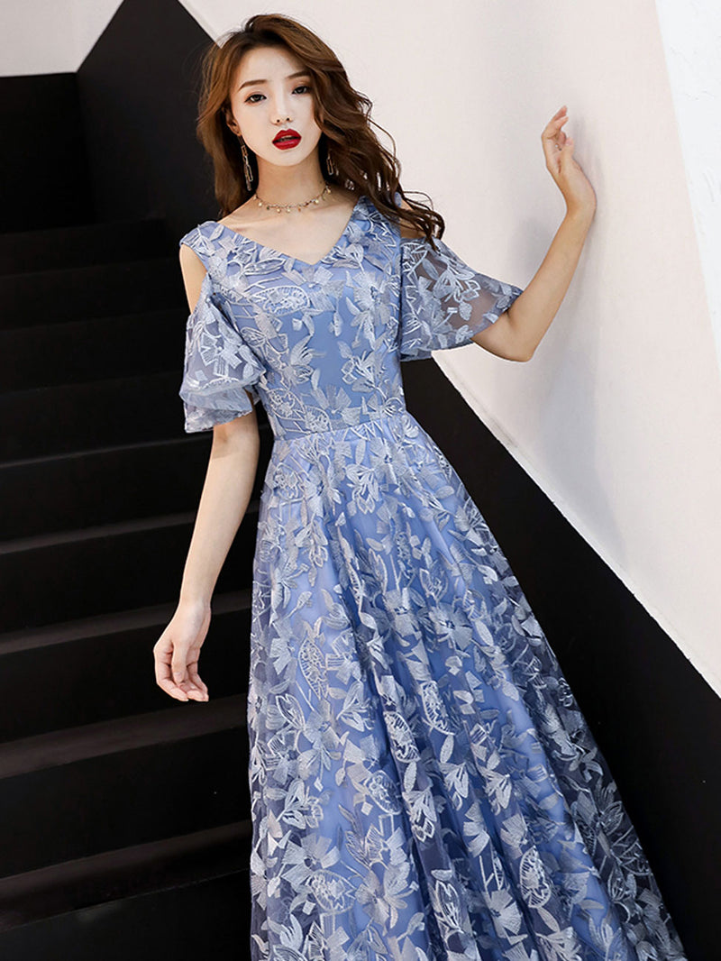 Blue Lace Long Prom Dresses, Blue Formal Party Dress