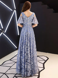 Blue Lace Long Prom Dresses, Blue Formal Party Dress