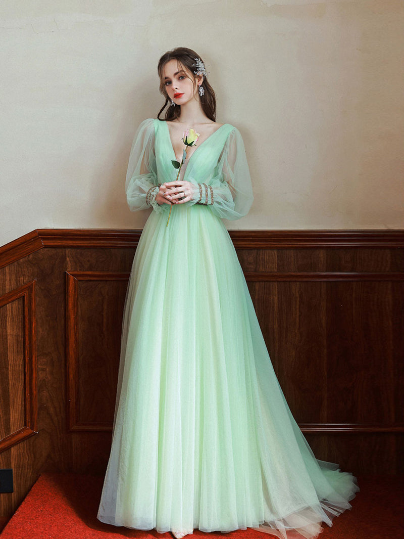 green tulle prom dress Green V Neck Tulle Green Long Prom Dresses, Green Long Formal Evening – toptby