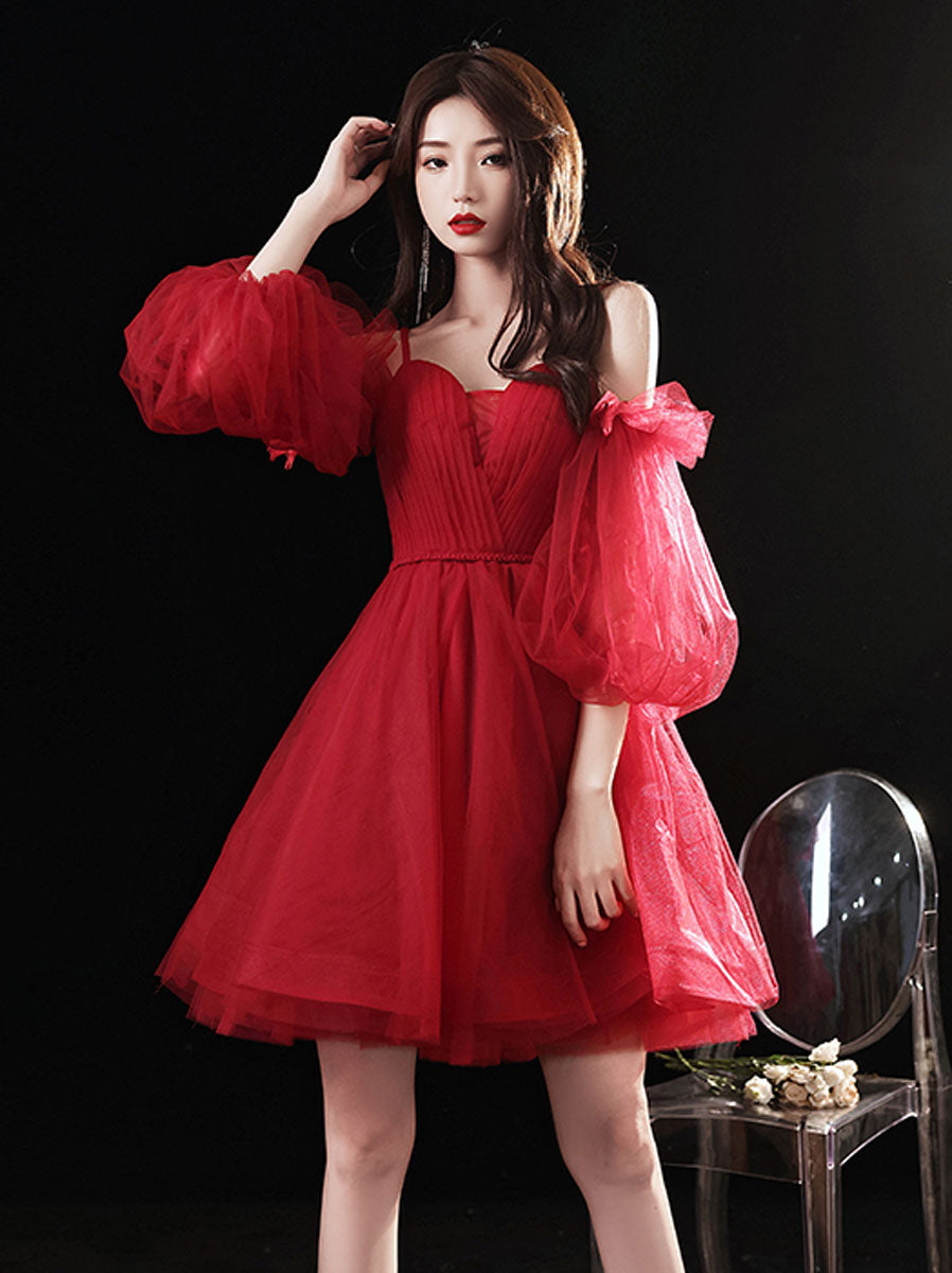 Red sweetheart neck tulle short prom dress cute homecoming dress
