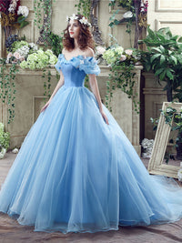 Blue tulle off shoulder long prom dress, blue tulle sweet 16 dress