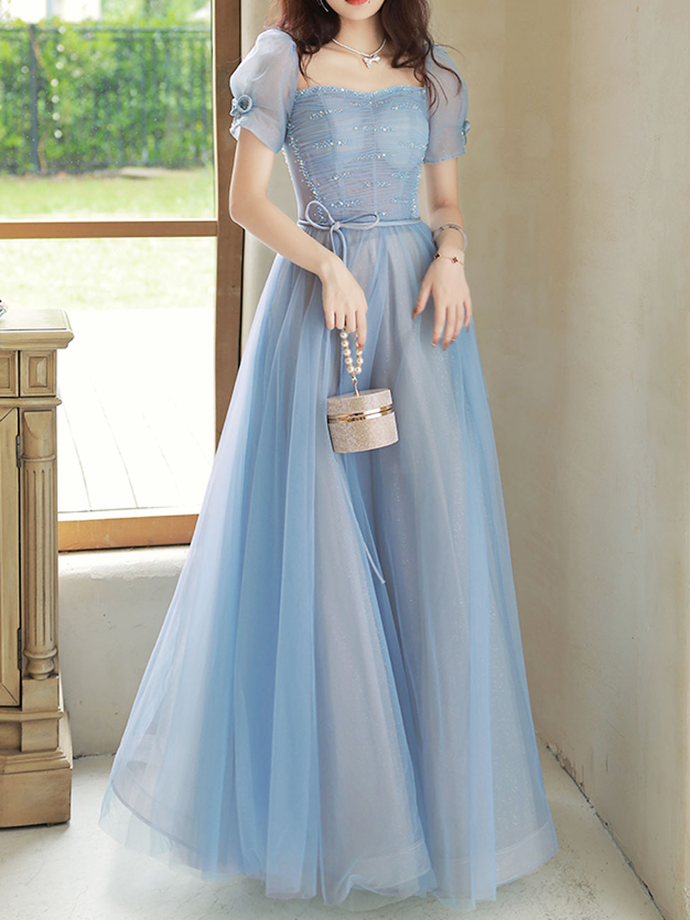 Blue A-Line Tulle Sequin Long Prom Dresses, Blue Formal Evening Dresse toptby Blue A-Line Tulle Sequin Long Prom Dresses, Blue Formal Evening Dresse toptby