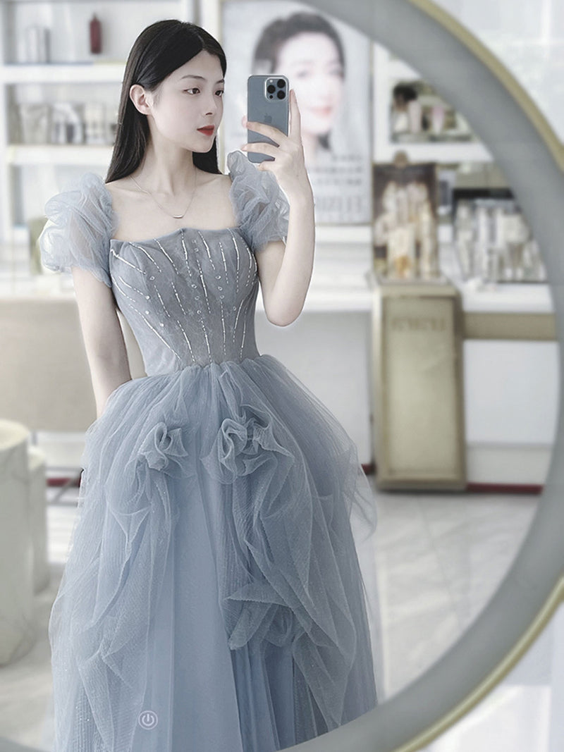 Gray blue beads long prom dress gray tulle formal dress