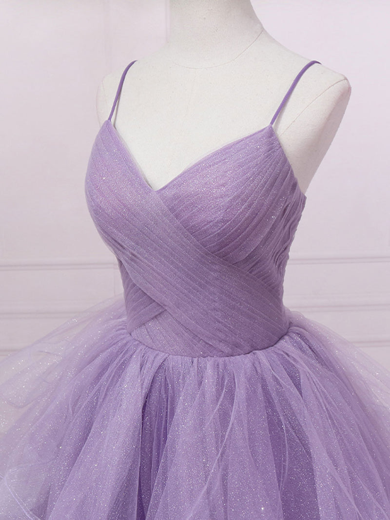 Purple v neck tulle long prom dress, purple tulle formal party dress