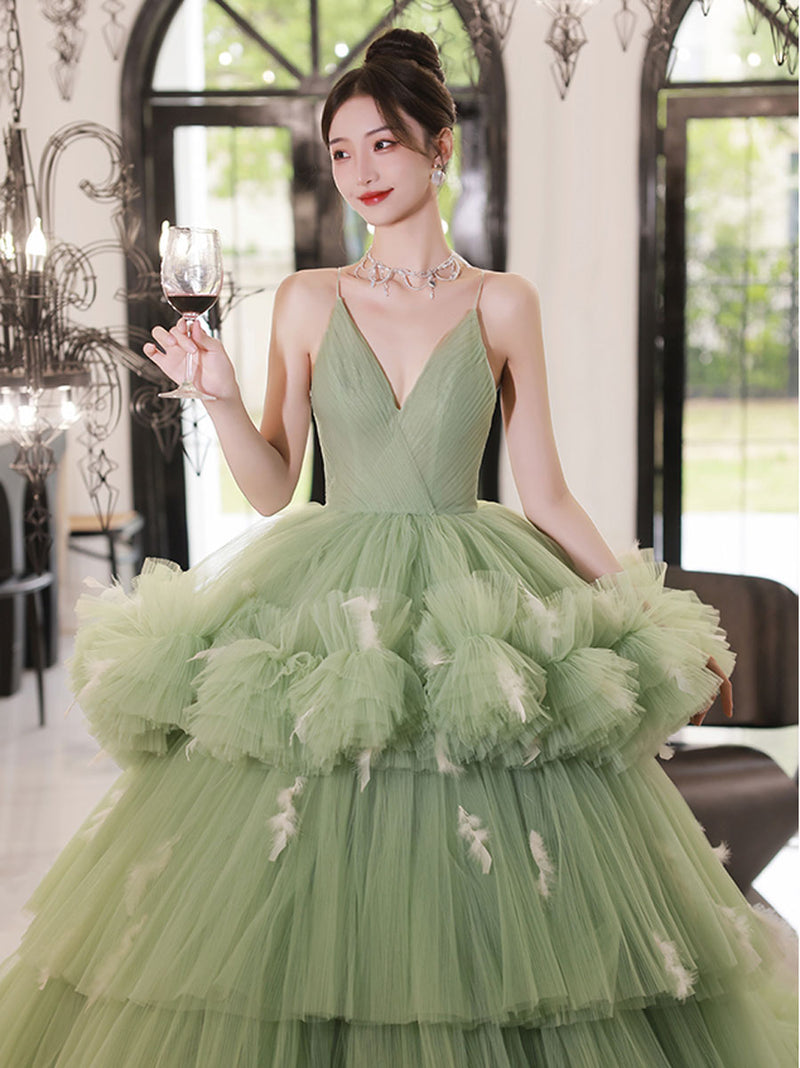 Green v neck tulle long prom dress, green tulle formal evening dress