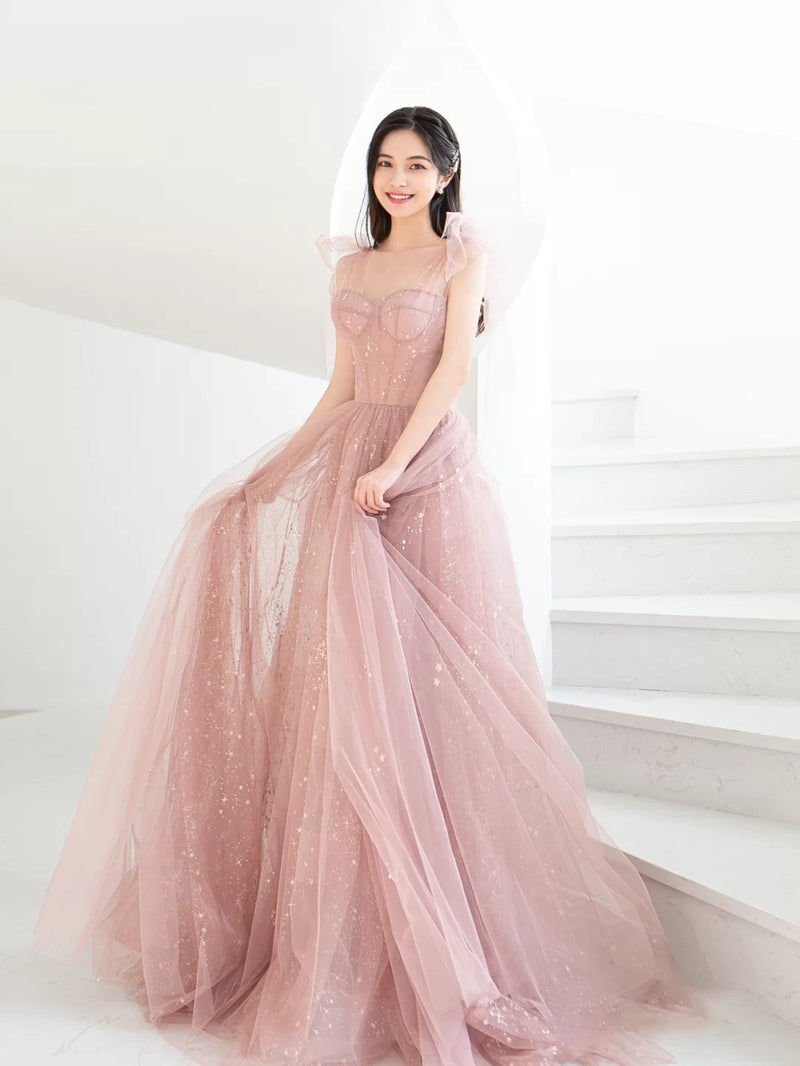 Bean pink tulle long prom dress, A line tulle formal evening dress – toptby Bean pink tulle long prom dress, A line tulle formal evening dress – toptby