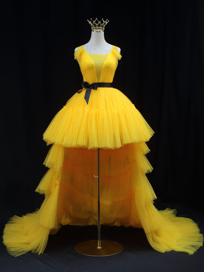 Yellow Tulle High Low Prom Dress, Yellow Formal Evening Dress