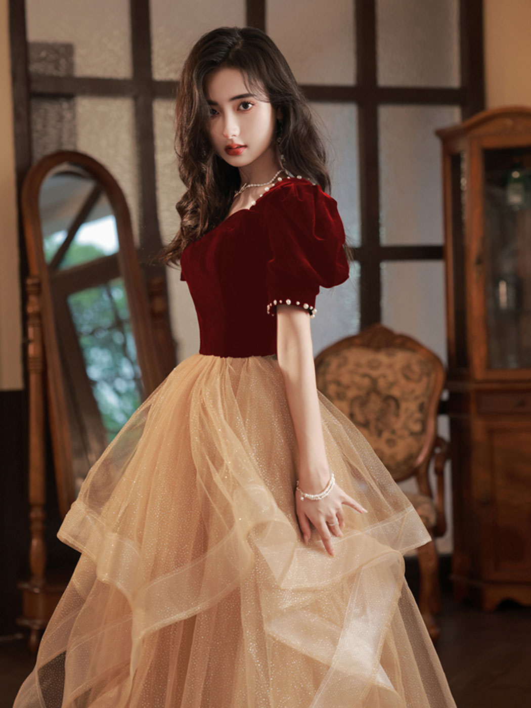 burgundy and champagne prom dresses Burgundy Velvet Glitter Cascading Ruffles Prom Dress, Champagne Tulle