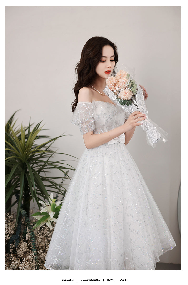 White tulle off shoulder sequin short prom dress white homecoming dres – toptby