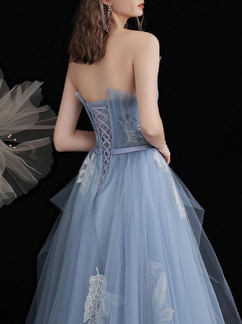 Blue tulle lace long prom dress, blue A line lace evening dress