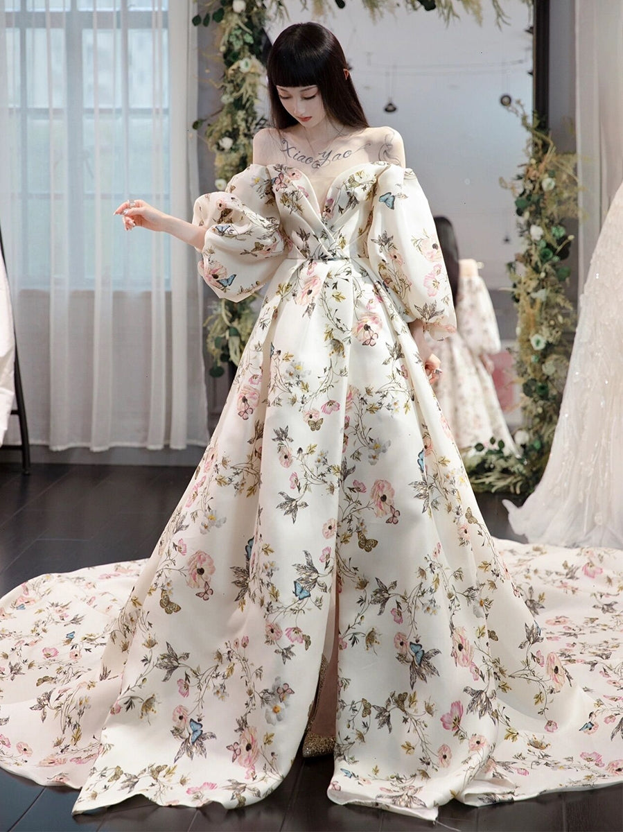Unique sweetheart neck puff sleeves long prom dress printing evening dress