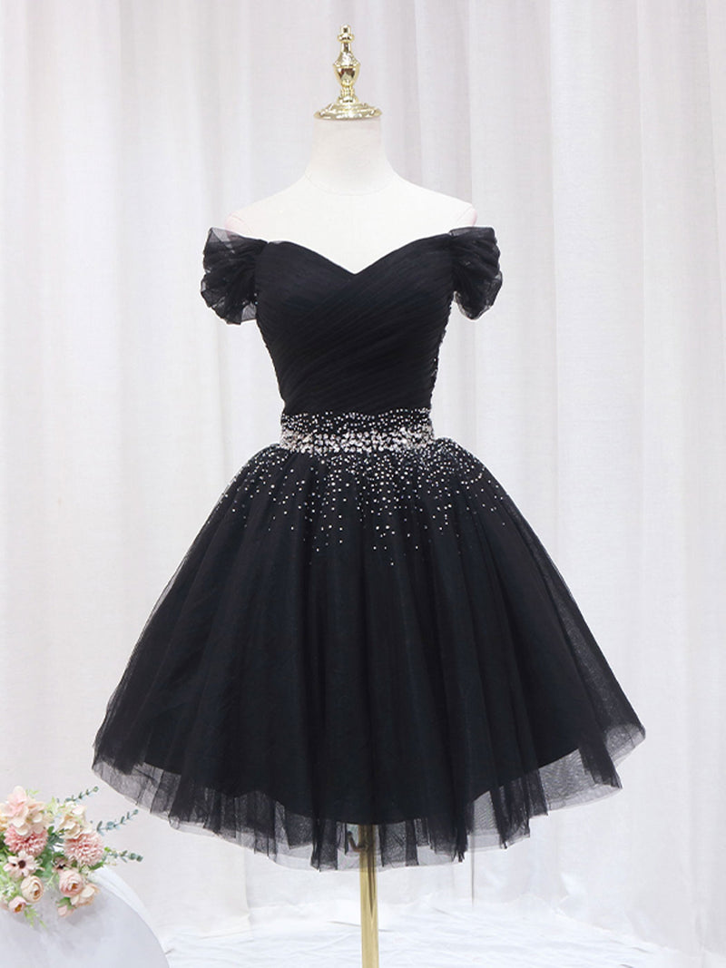 Black V Neck Short Prom Dress, Black Homecoming Dress with Sequin toptby Black V Neck Short Prom Dress, Black Homecoming Dress with Sequin toptby