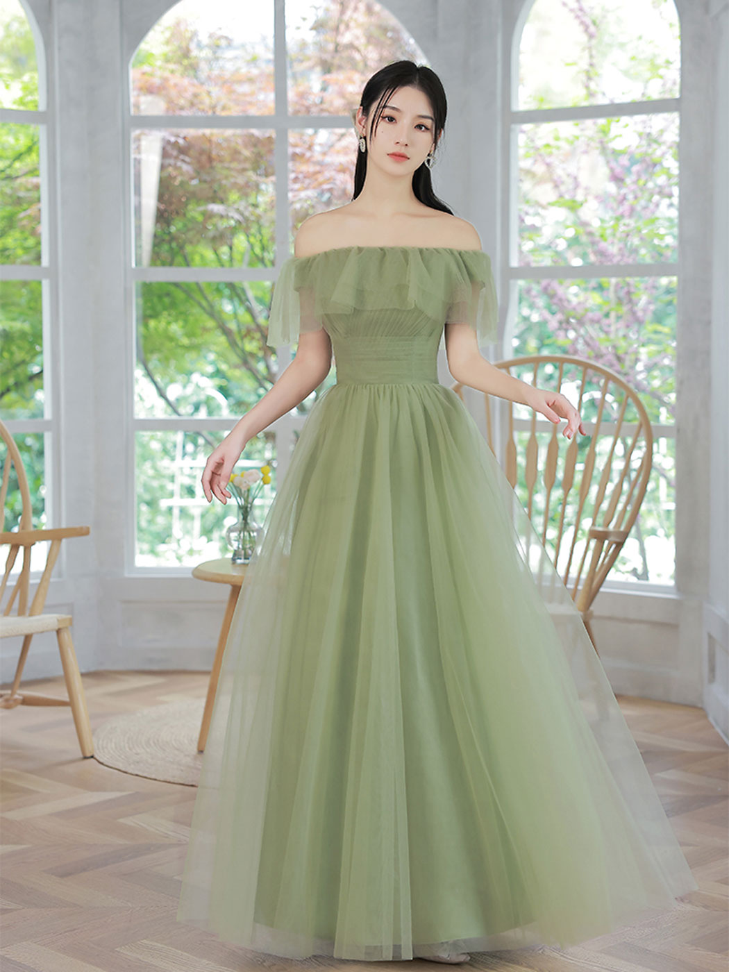 Green v neck tulle long prom gown, green tulle sweet 16 dress – shdress
