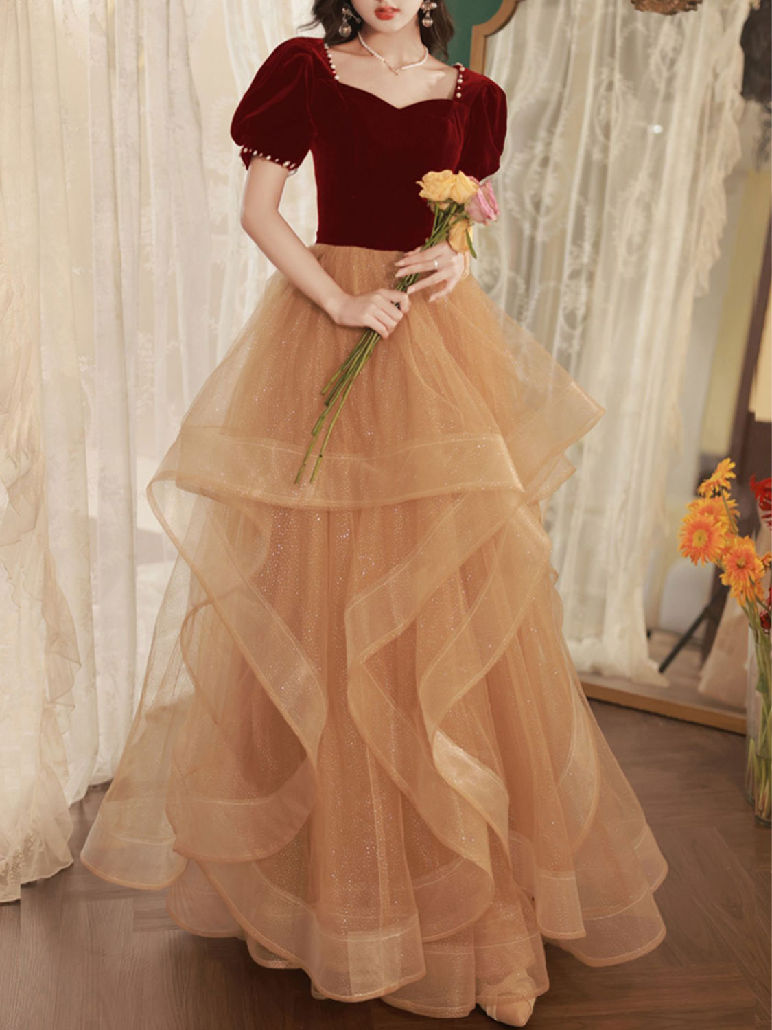 Champagne/Burgundy Tulle Long Prom Dresses, Champagne Formal Evening D toptby Champagne/Burgundy Tulle Long Prom Dresses, Champagne Formal Evening D toptby
