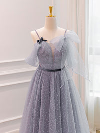 Gray A-Line Tulle Long Prom Dresses