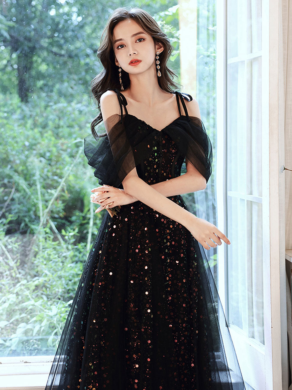 Black A Line Off Shoulder Tulle Long Prom Dresses, Black Formal Evenin toptby Black A Line Off Shoulder Tulle Long Prom Dresses, Black Formal Evenin toptby