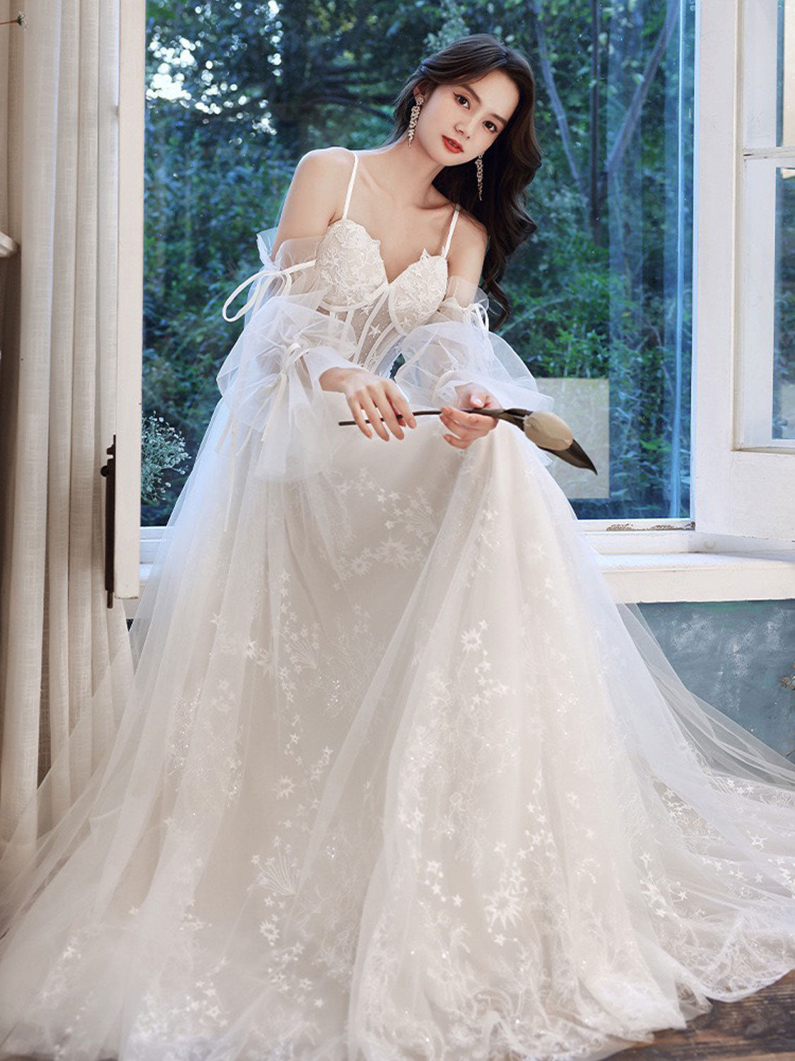 ivory tulle prom dress Ivory High Neckline Beaded Tulle A-line Long Party Dress, Ivory Tulle Prom Dress