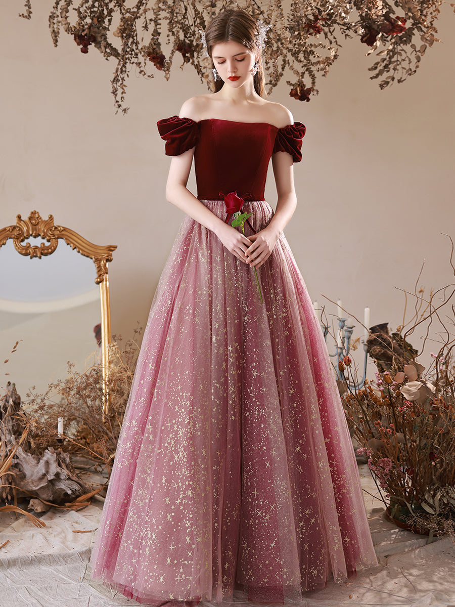 Burgundy A-Line Tulle Velvet Long Prom Dress, Burgundy Formal Evening toptby Burgundy A-Line Tulle Velvet Long Prom Dress, Burgundy Formal Evening toptby