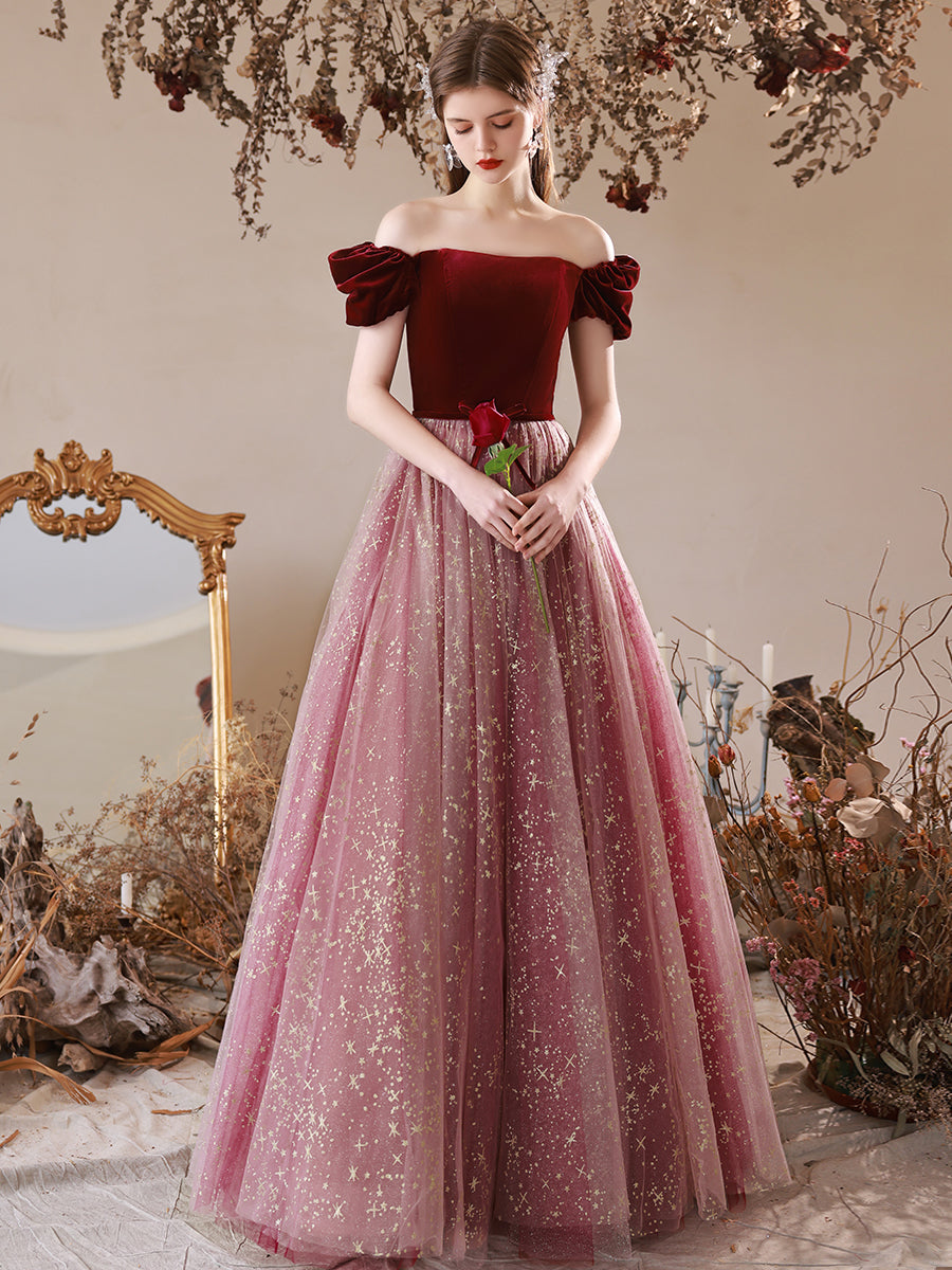 Burgundy A-Line Tulle Velvet Long Prom Dress, Burgundy Formal Evening Dress
