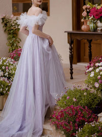 A-Line Off Shoulder Purple Tulle Long Prom Dress