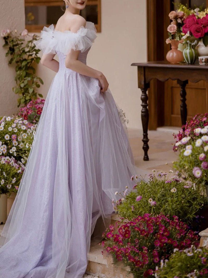 A-Line Off Shoulder Purple Tulle Long Prom Dress