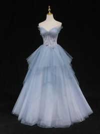 Blue A-Line Tulle Long Prom Dresses, Blue Tulle Formal Graduation Dresses