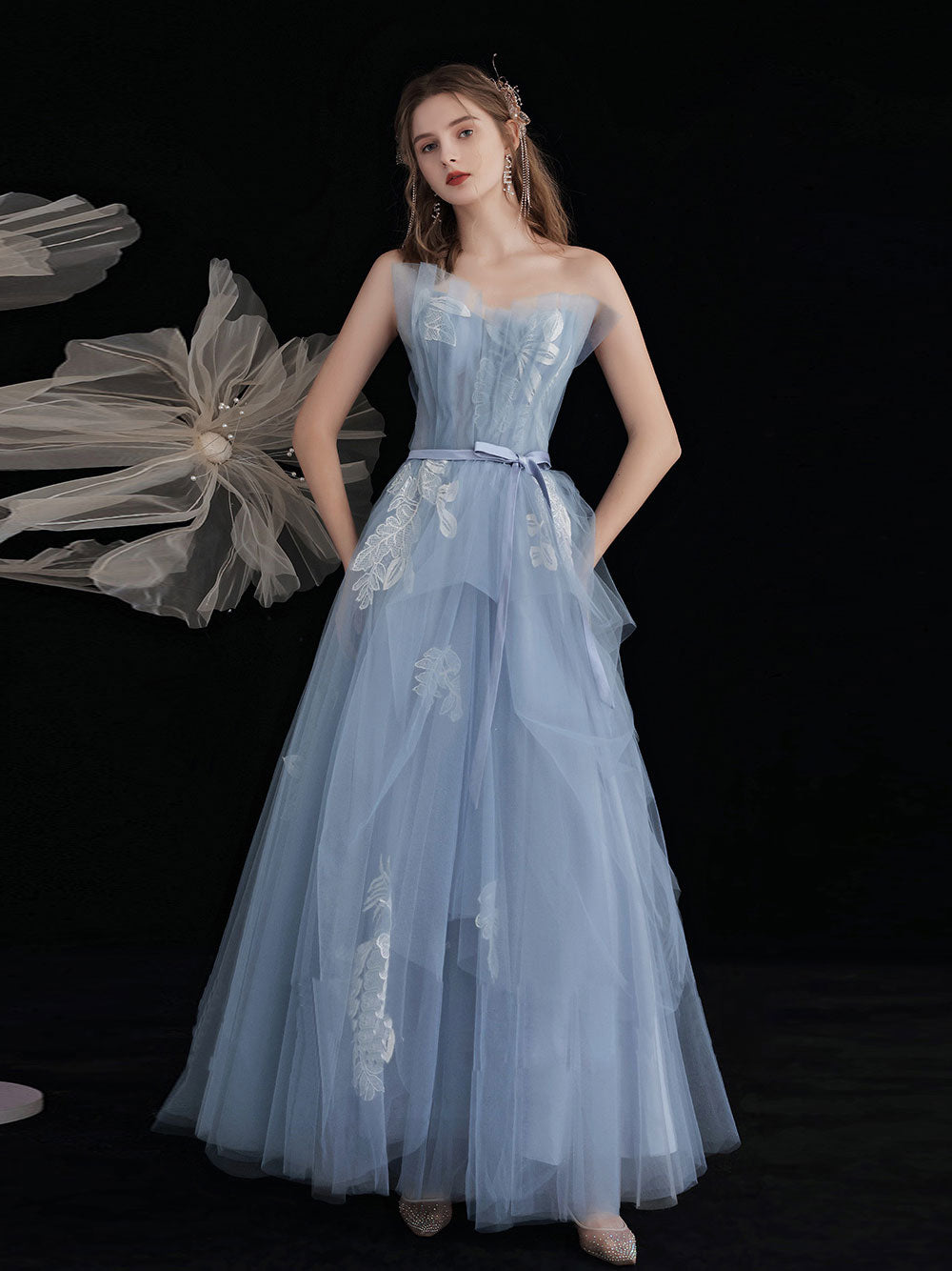 Blue tulle lace long prom dress, blue A line lace evening dress